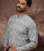 Men blue viscose rayon solid embroidered straight kurta