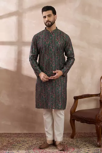 Men green silk blend printed mandarin collar straight kurta