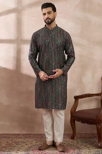 Men green silk blend printed mandarin collar straight kurta