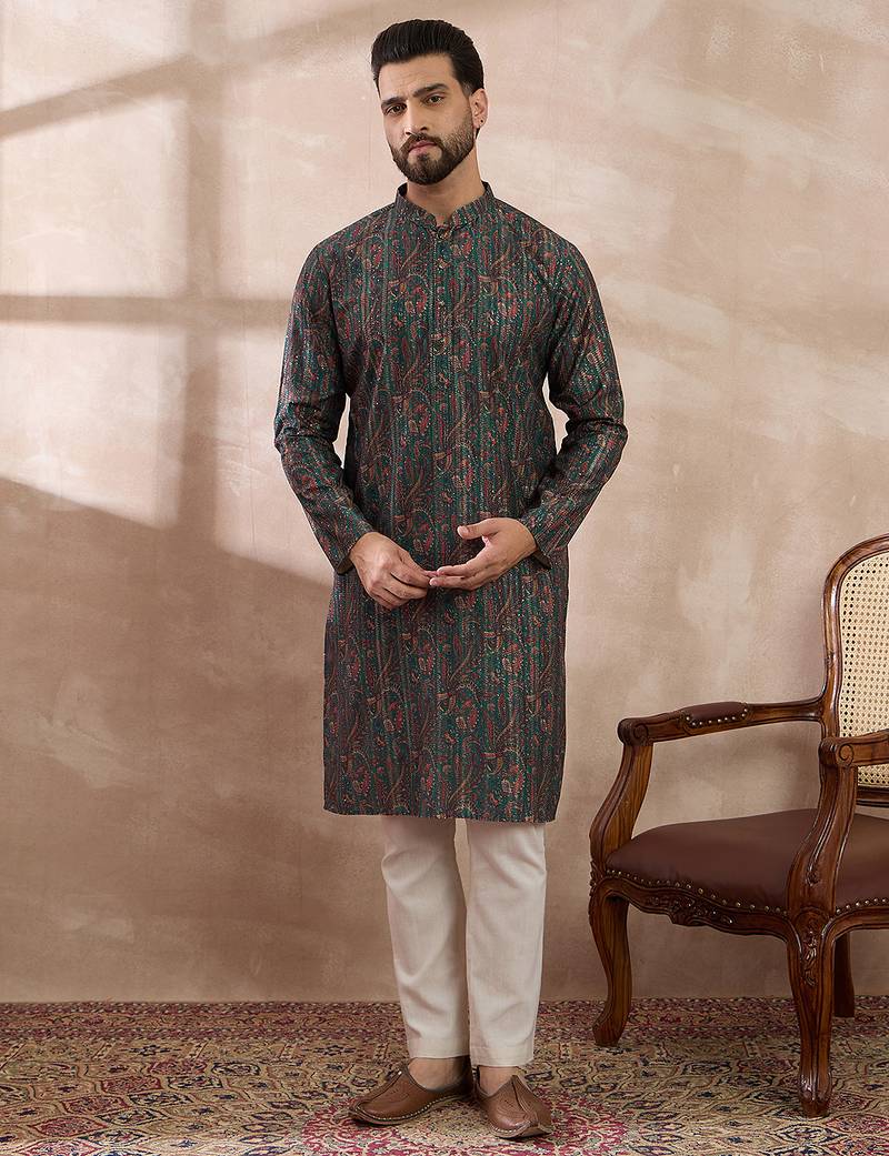 Men green silk blend printed mandarin collar straight kurta