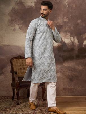 Men blue viscose rayon solid embroidered straight kurta 3