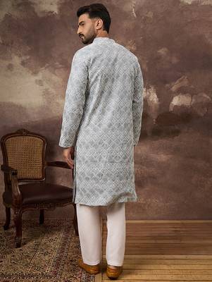 Men blue viscose rayon solid embroidered straight kurta 4
