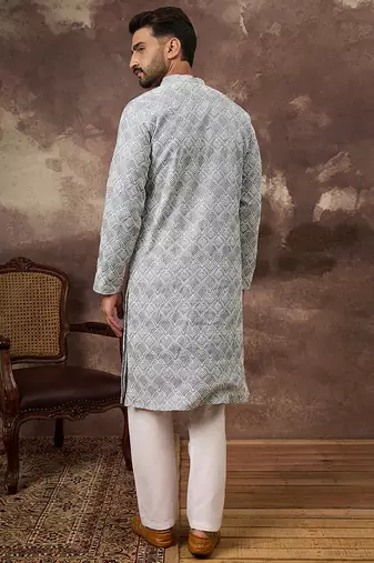 Men blue viscose rayon solid embroidered straight kurta