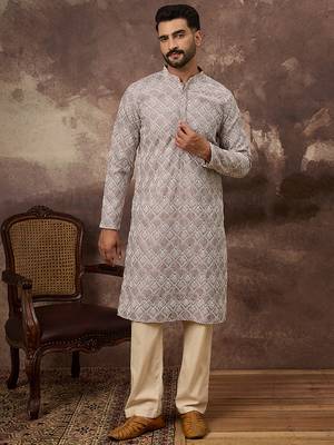 Men mauve viscose rayon solid embroidered straight kurta 1