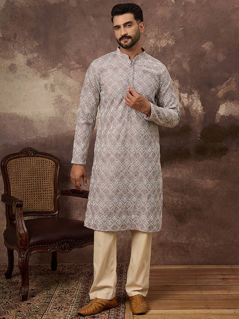 Men mauve viscose rayon solid embroidered straight kurta
