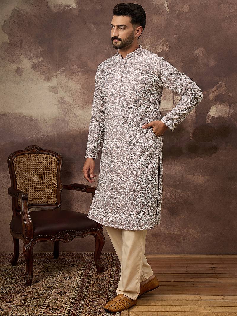 Men mauve viscose rayon solid embroidered straight kurta