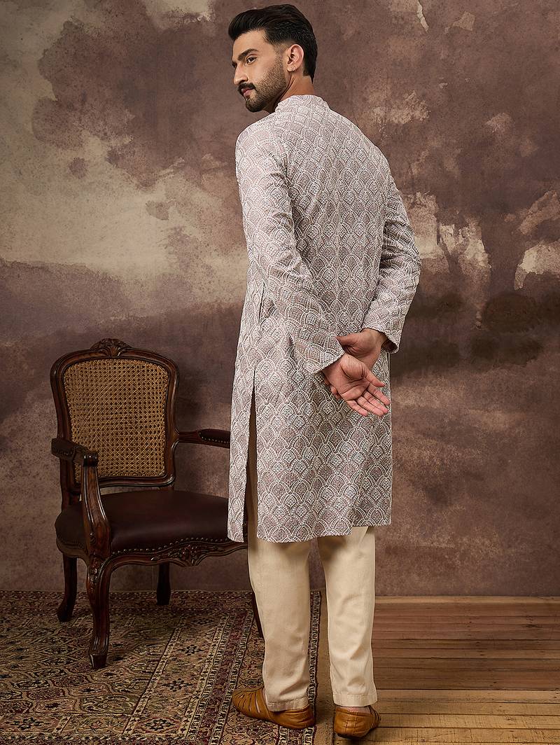 Men mauve viscose rayon solid embroidered straight kurta