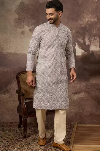 Men mauve viscose rayon solid embroidered straight kurta