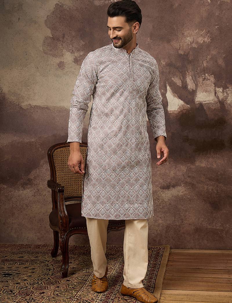 Men mauve viscose rayon solid embroidered straight kurta