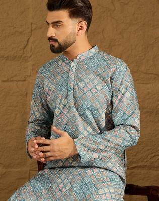 Men blue viscose rayon abstract embroidered straight kurta 2