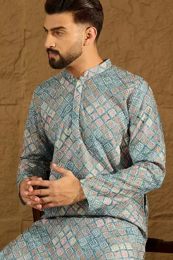 Men blue viscose rayon abstract embroidered straight kurta