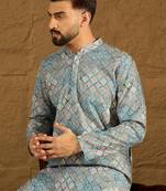 Men blue viscose rayon abstract embroidered straight kurta