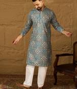 Men blue viscose rayon abstract embroidered straight kurta