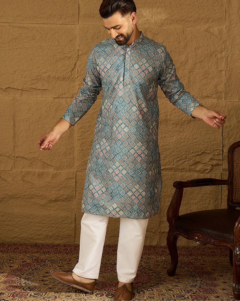 Men blue viscose rayon abstract embroidered straight kurta