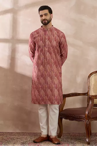 Men pink silk blend printed mandarin collar straight kurta