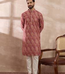 Men pink silk blend printed mandarin collar straight kurta