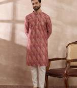 Men pink silk blend printed mandarin collar straight kurta
