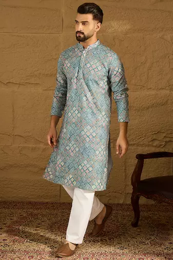 Men blue viscose rayon abstract embroidered straight kurta
