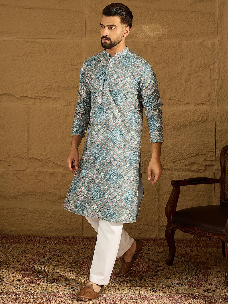 Men blue viscose rayon abstract embroidered straight kurta
