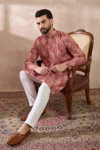 Men pink silk blend printed mandarin collar straight kurta