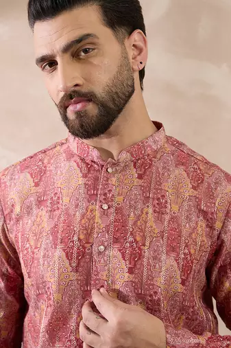 Men pink silk blend printed mandarin collar straight kurta