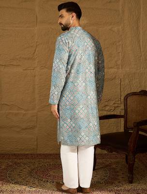 Men blue viscose rayon abstract embroidered straight kurta 4