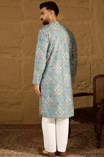 Men blue viscose rayon abstract embroidered straight kurta