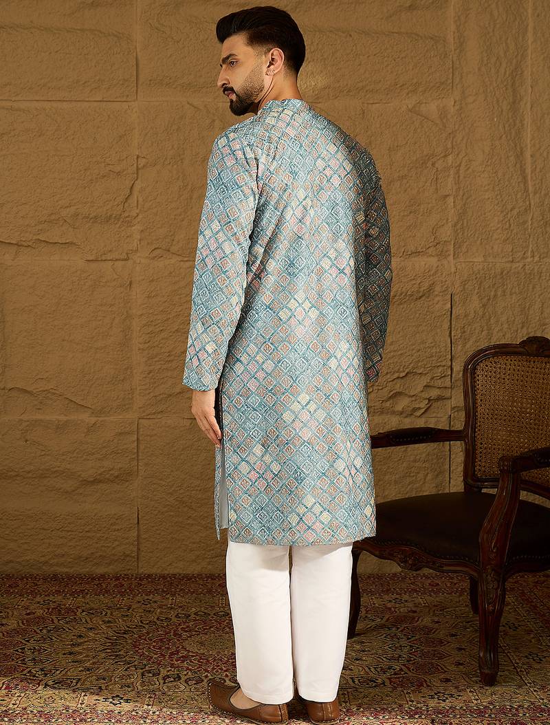 Men blue viscose rayon abstract embroidered straight kurta