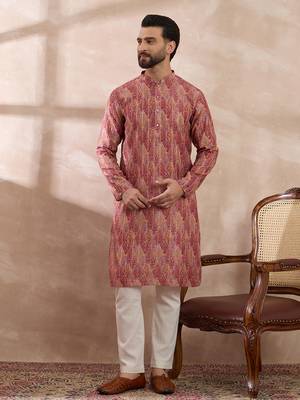 Men pink silk blend printed mandarin collar straight kurta 3