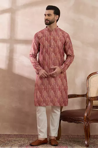 Men pink silk blend printed mandarin collar straight kurta