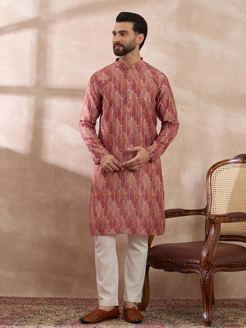 Men pink silk blend printed mandarin collar straight kurta