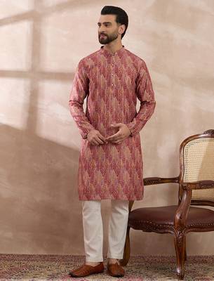 Men pink silk blend printed mandarin collar straight kurta 3