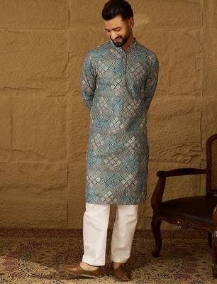 Men blue viscose rayon abstract embroidered straight kurta 5