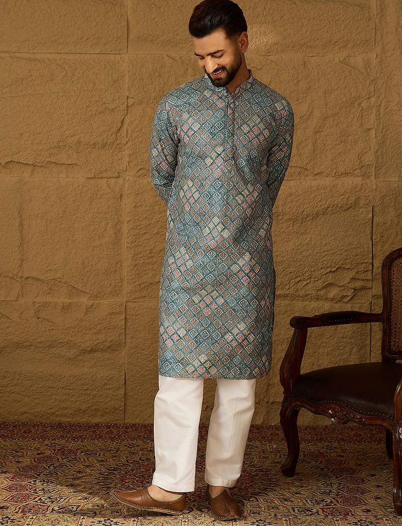 Men blue viscose rayon abstract embroidered straight kurta