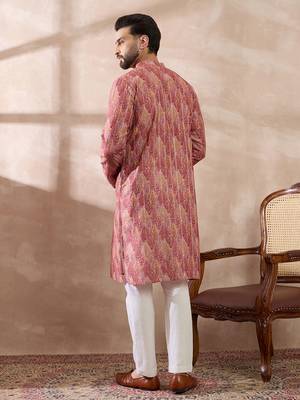 Men pink silk blend printed mandarin collar straight kurta 4