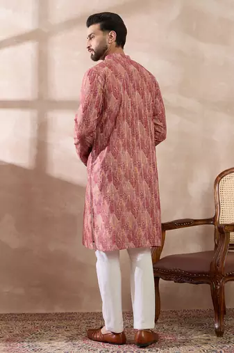 Men pink silk blend printed mandarin collar straight kurta