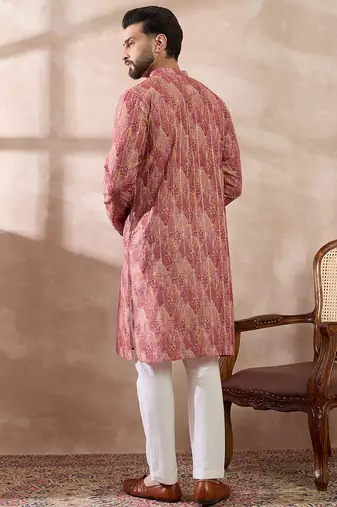 Men pink silk blend printed mandarin collar straight kurta