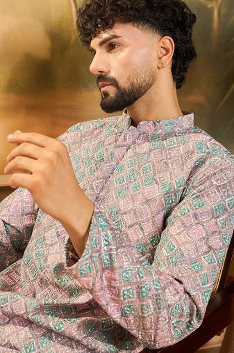Men mauve viscose rayon abstract embroidered straight kurta