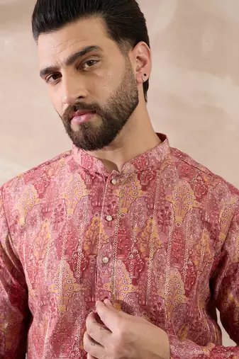 Men pink silk blend printed mandarin collar straight kurta