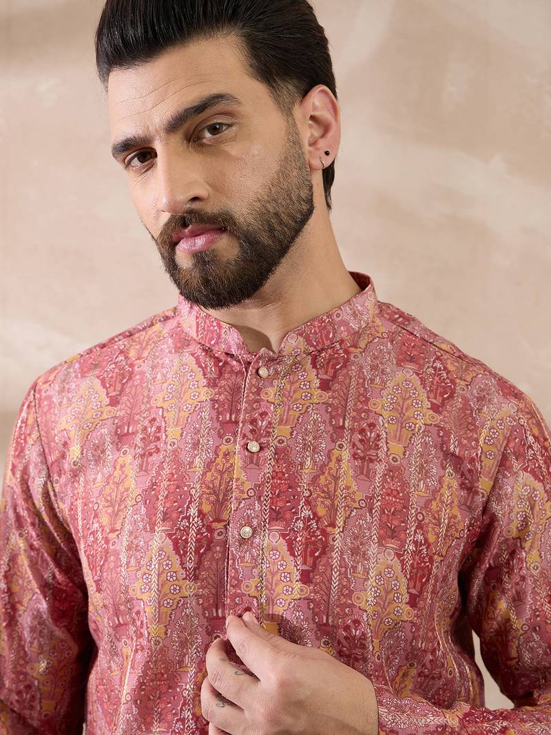 Men pink silk blend printed mandarin collar straight kurta