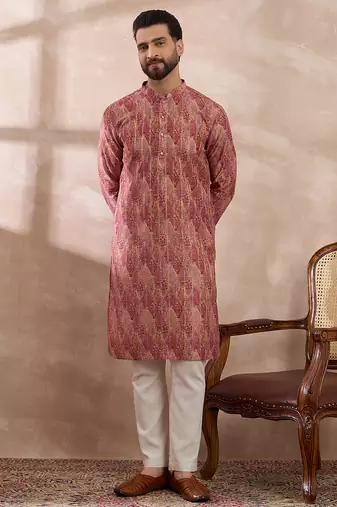 Men pink silk blend printed mandarin collar straight kurta