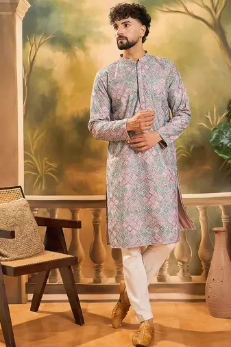Men mauve viscose rayon abstract embroidered straight kurta