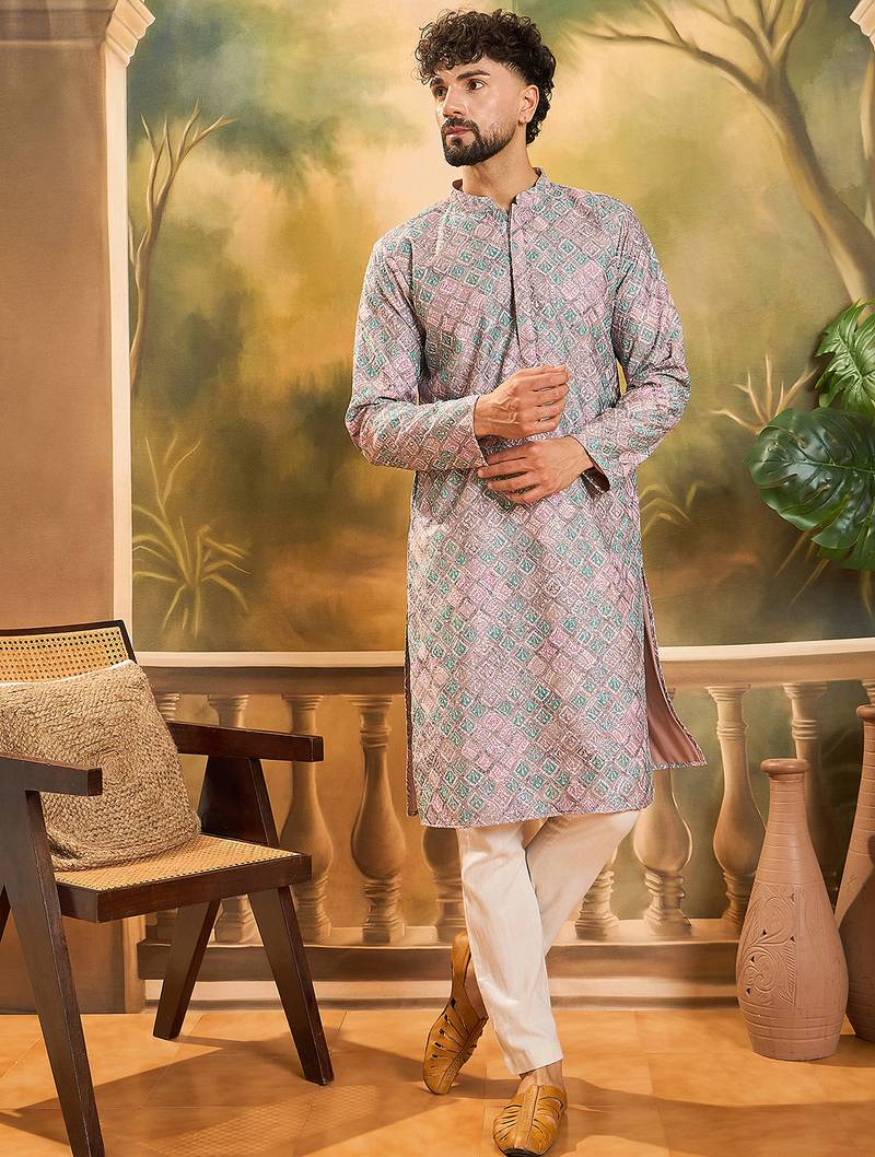 Men mauve viscose rayon abstract embroidered straight kurta