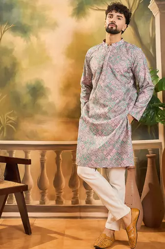 Men mauve viscose rayon abstract embroidered straight kurta