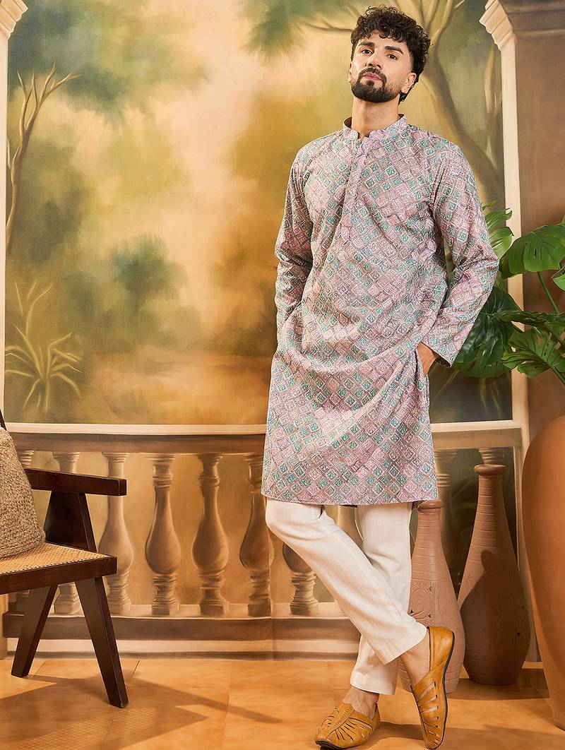 Men mauve viscose rayon abstract embroidered straight kurta