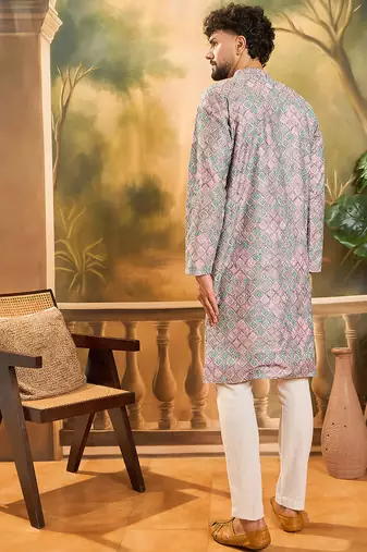 Men mauve viscose rayon abstract embroidered straight kurta