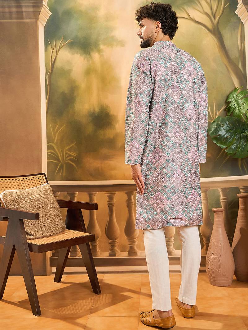 Men mauve viscose rayon abstract embroidered straight kurta