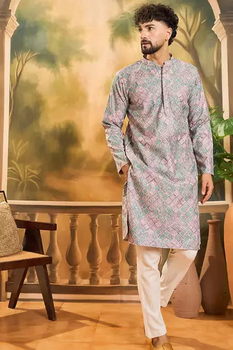 Men mauve viscose rayon abstract embroidered straight kurta