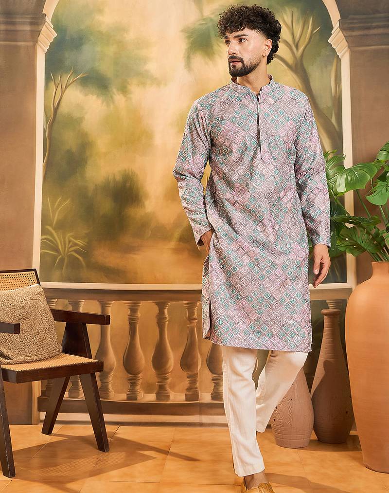Men mauve viscose rayon abstract embroidered straight kurta