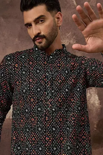 Men black viscose rayon bandhani embroidered straight kurta